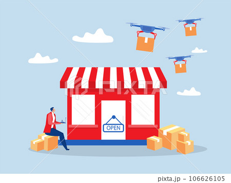 Dropshipping business model by  Drone delivery business control drones to deliver packages and boxes, work with warehouse robot arms vector 106626105
