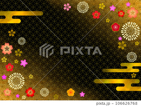 和柄と花模様　麻の葉と七宝と霞　黒と金箔 106626768