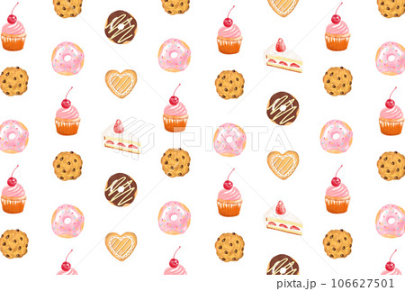 水彩のスイーツのアイコンのシームレスパターン 水彩のスイーツのアイコンのシームレスパターン 106627501