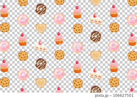 水彩のスイーツのアイコンのシームレスパターン 水彩のスイーツのアイコンのシームレスパターン 106627501