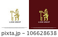Lion crest logo design illustration. Simple flat silhouette of a lion holding a key wild animal predator elegant minimalist old medieval luxury modern wilderness. Royal king leo animal icon symbol. 106628638