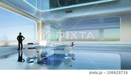Rear view of successful businessman looking the sky from his futuristic office 106628716