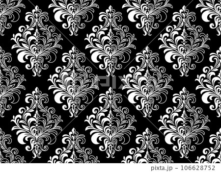 Wallpaper in the style of Baroque. Seamless vector background. White and black floral ornament. Graphic pattern for fabric, wallpaper, packaging. Ornate Damask flower ornament 106628752
