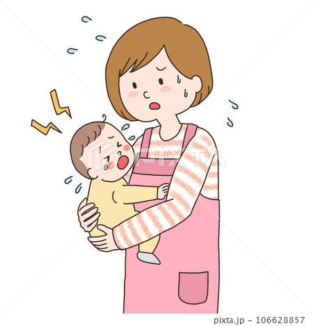 大泣きする赤ちゃんを抱っこする保育士の上半身のイラスト 106628857