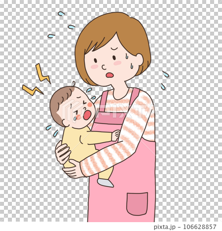 大泣きする赤ちゃんを抱っこする保育士の上半身のイラスト 106628857