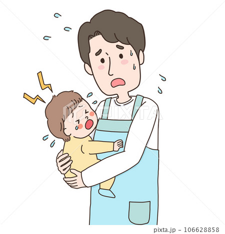 大泣きする赤ちゃんを抱っこする保育士の上半身のイラスト 106628858