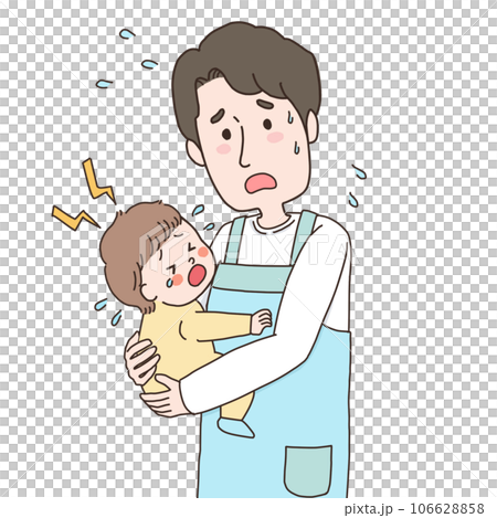 大泣きする赤ちゃんを抱っこする保育士の上半身のイラスト 106628858
