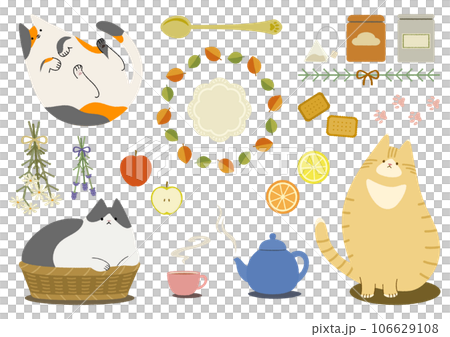 Illustration set of tea and miscellaneous goods enjoyed with cats 106629108