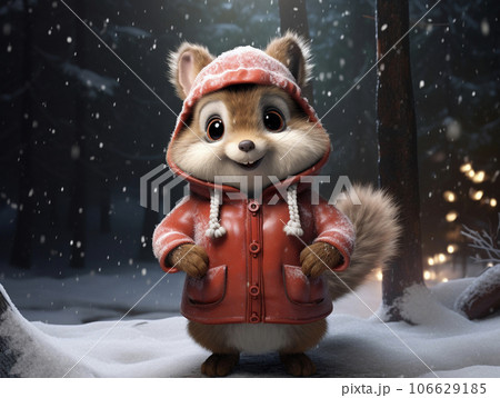 冬の雪降る森の中の可愛いリス AI画像のイラスト素材 [106629185] - PIXTA