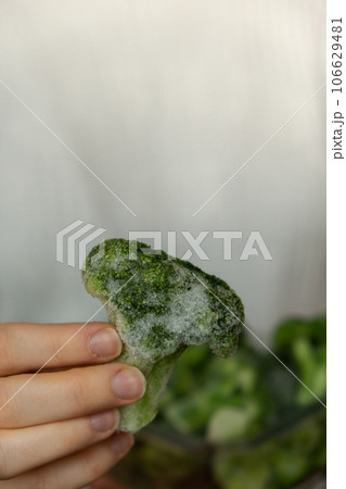 Unrecognizable woman showing into camera frozen food broccoli florets homemade. Harvesting concept. Stocking up vegetables for winter storage Unrecognizable woman showing into camera frozen food broccoli florets homemade. Harvesting concept. Stocking up vegetables for winter storage 106629481