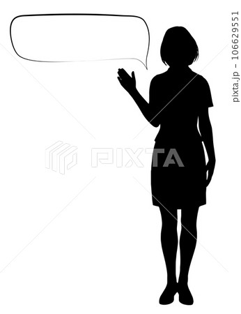 案内のポーズをするビジネスウーマン女性と吹き出しのシルエットセット 全身正面のイラスト 106629551
