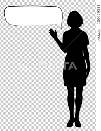 案内のポーズをするビジネスウーマン女性と吹き出しのシルエットセット 全身正面のイラスト 106629551