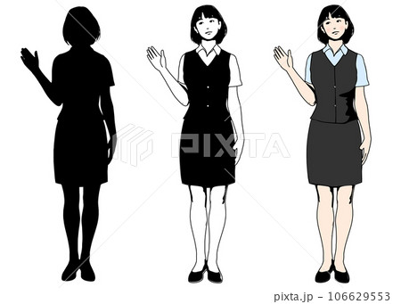 片手を上げて案内のポーズをする受付女性のシルエットとイラストのセット 全身正面 106629553