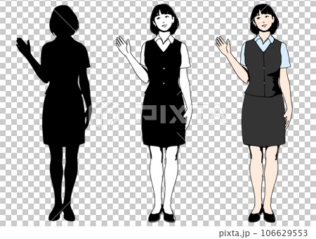 片手を上げて案内のポーズをする受付女性のシルエットとイラストのセット 全身正面 106629553