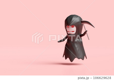 3d halloween holiday party with grim reaper, scythe isolated on pink background. 3d render illustration 106629628