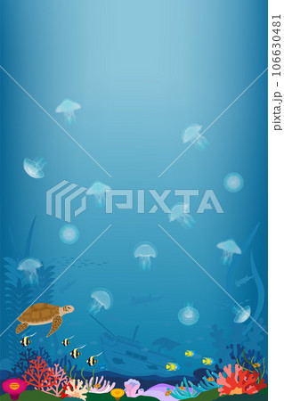 珊瑚礁の海中に漂うクラゲと海亀と熱帯魚と沈没船の背景素材 縦向き 珊瑚礁の海中に漂うクラゲと海亀と熱帯魚と沈没船の背景素材 縦向き 106630481