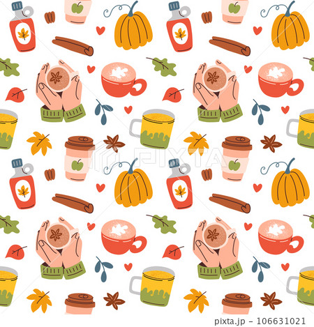 Autumn season, hand drawn seamless pattern with yellow leaves, pumpkins and maple syrup, doodle colored ornament of hot coffee icons, vector illustrations of cinnamon on white background Autumn season, hand drawn seamless pattern with yellow leaves, pumpkins and maple syrup, doodle colored ornament of hot coffee icons, vector illustrations of cinnamon on white background 106631021