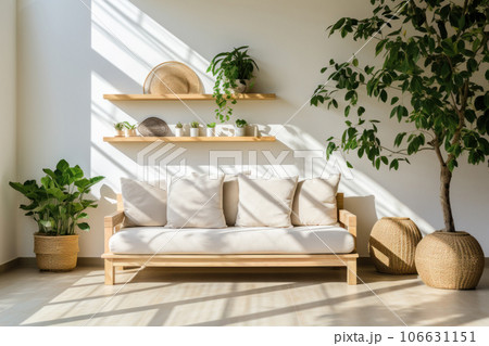 明るい日差しの差し込む白いソファのある爽やかな部屋 106631151