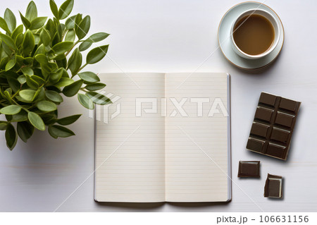 白いテーブルの上のノートとコーヒーとチョコレート 106631156