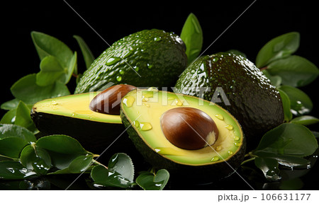 Fresh avocado with leaves on the table, close-up. Fresh avocado with leaves on the table, close-up. 106631177