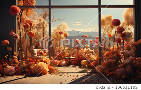 Natural landscape, flowers inside an abandoned building. 106631185