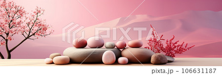 Minimalism in Japanese style, stones and a branch in pink. 106631187
