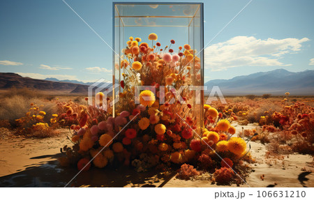 Natural landscape, flowers in the desert, mountains in the background. 106631210