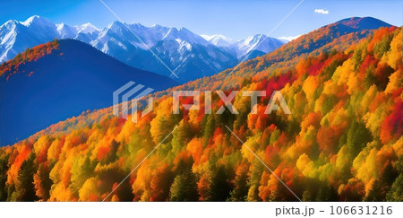 Colorful autumn landscape with mountain views on a sunny day. Colorful autumn landscape with mountain views on a sunny day. 106631216