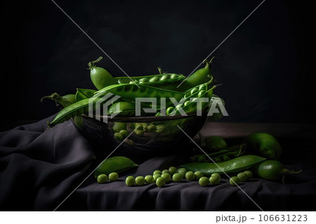 Green pea pods in a cup on a dark background. Green pea pods in a cup on a dark background. 106631223