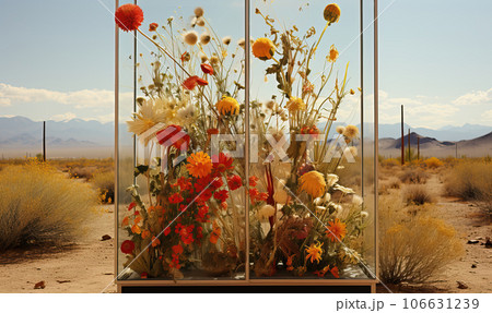 Natural landscape, flowers in the desert, mountains in the background. 106631239