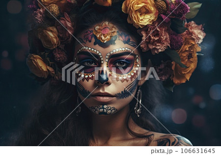 Portrait of a woman with sugar skull makeup over dark background. Halloween costume and make-up. Portrait of Calavera Catrina. Generative AI. Portrait of a woman with sugar skull makeup over dark background. Halloween costume and make-up. Portrait of Calavera Catrina. Generative AI. 106631645