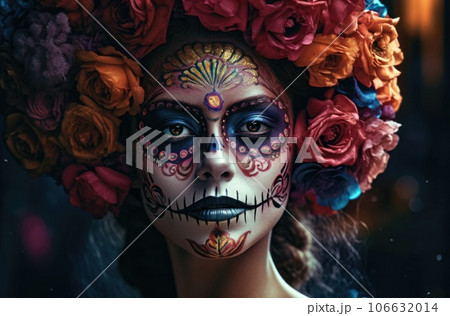 Portrait of a woman with sugar skull makeup over dark background. Halloween costume and make-up. Portrait of Calavera Catrina. Generative AI. 106632014