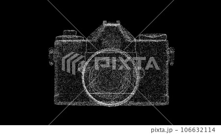 3D photo camera on black bg. Digital camera. Professional photographer traveler concept. For title, text, presentation. Business advertising backdrop. 3d animation. 3D photo camera on black bg. Digital camera. Professional photographer traveler concept. For title, text, presentation. Business advertising backdrop. 3d animation. 106632114