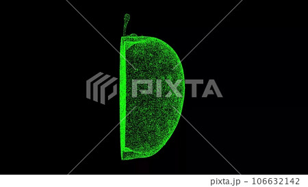 3D Half an apple on black bg. Healthy food concept. Food market, sale of vegetables and fruits. For title, text, presentation. Object made of shimmering particles. 3d animation. 106632142