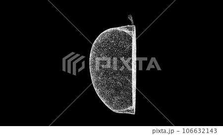 3D Half an apple on black bg. Healthy food concept. Food market, sale of vegetables and fruits. For title, text, presentation. Object made of shimmering particles. 3d animation. 3D Half an apple on black bg. Healthy food concept. Food market, sale of vegetables and fruits. For title, text, presentation. Object made of shimmering particles. 3d animation. 106632143