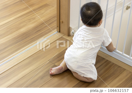赤ちゃんの後ろ姿とベビーゲート(男の子、0歳、生後9か月、日本人) 赤ちゃんの後ろ姿とベビーゲート(男の子、0歳、生後9か月、日本人) 106632157