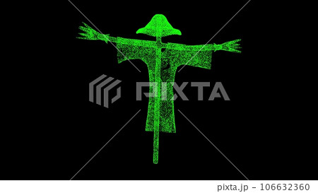 Scarecrow on black bg. Halloween holiday concept. Fabulous fantasy concept. Decoration for Halloween and Thanksgiving. For title, text, presentation. 3d animation. Scarecrow on black bg. Halloween holiday concept. Fabulous fantasy concept. Decoration for Halloween and Thanksgiving. For title, text, presentation. 3d animation. 106632360