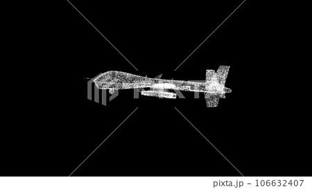 3D Military drone on black background. Modern Military Copter Technology concept. Aerial Weapon, Unpilot aircraft. For title, text, presentation. Shimmering particles. 3d animation. 3D Military drone on black background. Modern Military Copter Technology concept. Aerial Weapon, Unpilot aircraft. For title, text, presentation. Shimmering particles. 3d animation. 106632407
