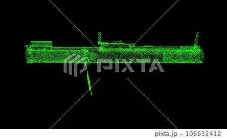 3D bazooka grenade launcher on black background. War weapon concept. Military store and sale of weapons. For title, text, presentation. Object shimmering particles. 3d animation. 106632412