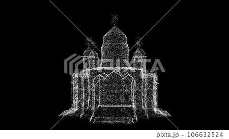 3D Church on black bg. Architectural and Religious concept. For title, text, presentation. Shimmering particles. 3D animation. 3D Church on black bg. Architectural and Religious concept. For title, text, presentation. Shimmering particles. 3D animation. 106632524