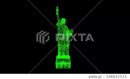 3D Statue of Liberty on black bg. Architectural and tourist concept. For title, text, presentation. Shimmering particles. 3D animation. 106632525