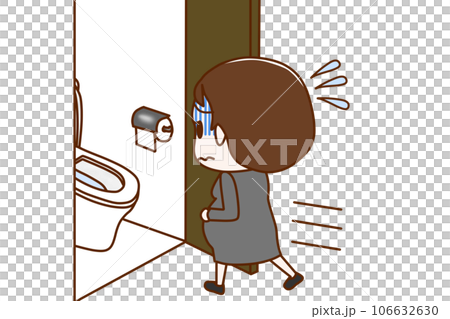（全身斜め後ろ）お腹が痛くて青ざめて急いでトイレに駆け込む妊婦 106632630