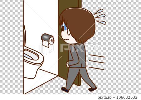 （全身斜め後ろ）お腹が痛くて青ざめて急いでトイレに駆け込む男子学生 106632632