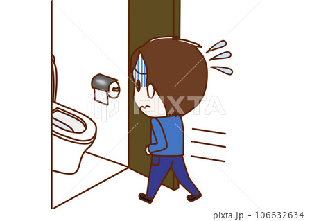 （全身斜め後ろ）お腹が痛くて青ざめて急いでトイレに駆け込む少年 106632634