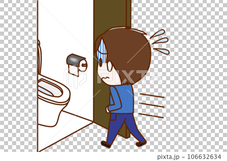 （全身斜め後ろ）お腹が痛くて青ざめて急いでトイレに駆け込む少年 106632634