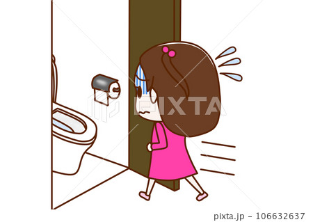 （全身斜め後ろ）お腹が痛くて青ざめて急いでトイレに駆け込む少女 106632637