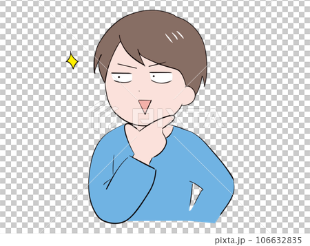 ひらめいた様子の顎に手を当てた私服の若い男性(上半身) ひらめいた様子の顎に手を当てた私服の若い男性(上半身) 106632835