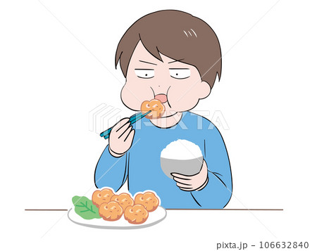 唐揚げとご飯を食べる私服の若い男性(上半身) 唐揚げとご飯を食べる私服の若い男性(上半身) 106632840