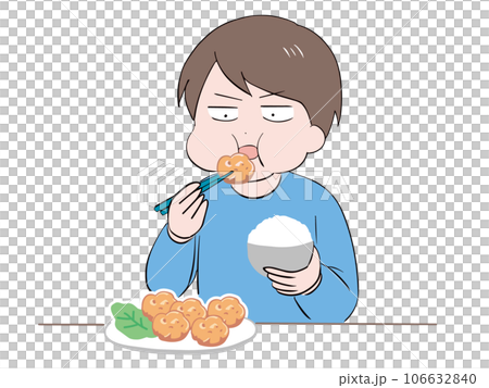唐揚げとご飯を食べる私服の若い男性(上半身) 唐揚げとご飯を食べる私服の若い男性(上半身) 106632840