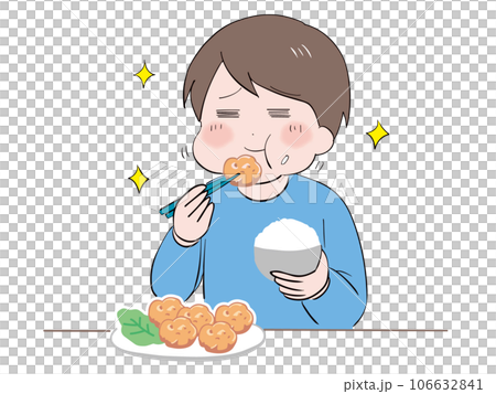 一位身著休閒服的年輕男子津津有味地吃著炸雞和米飯（上半身） 106632841